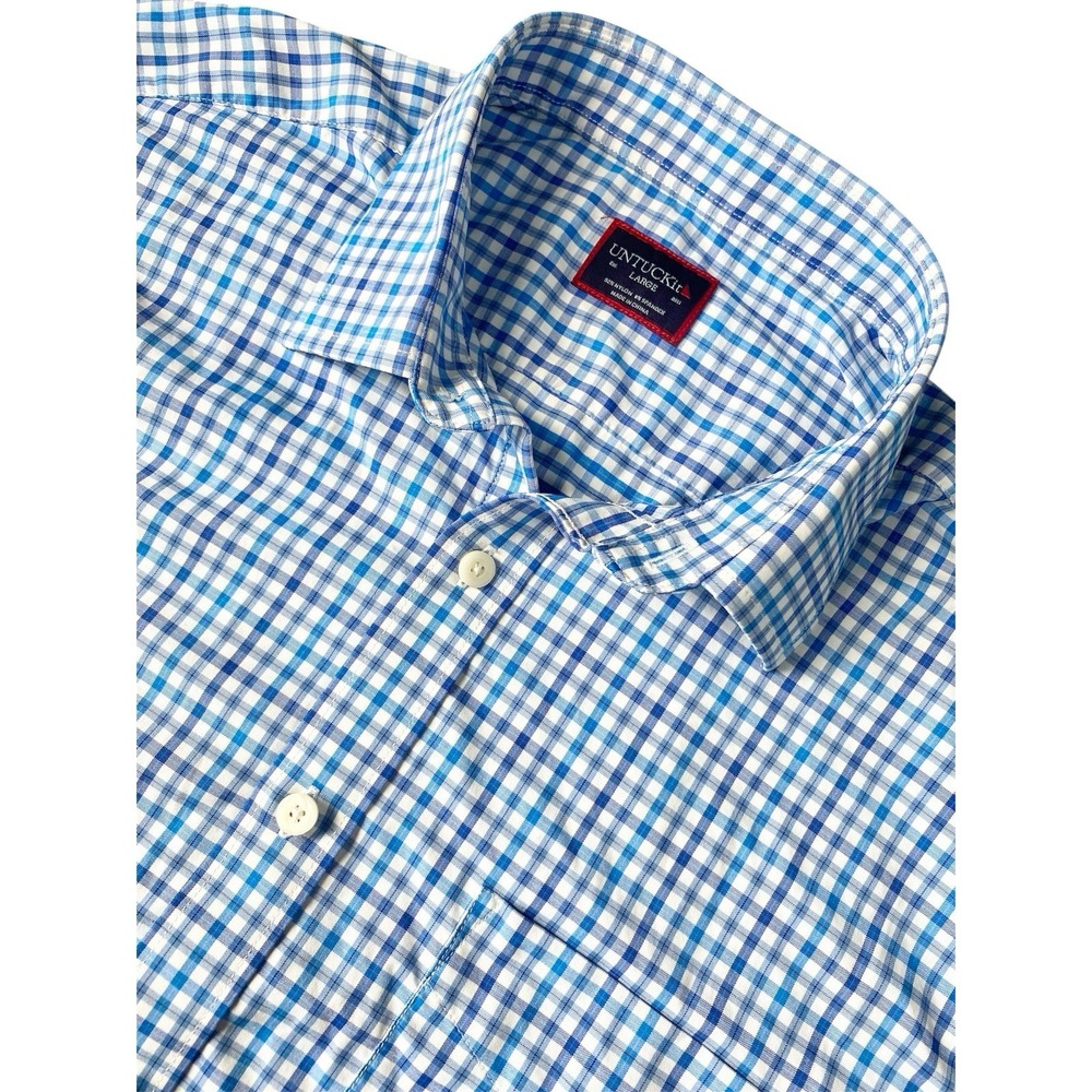 UNTUCKit PERFORMANCE Button Shirt Mens L White Blue Check Lehman Nylon Stretch